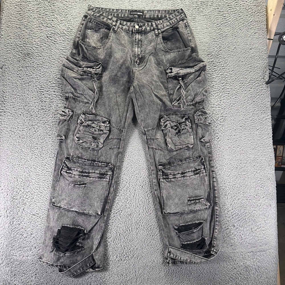 Fashion Nova Jeans Womens 14 Black Cotton Denim Straight Baggy Cargo Distressed